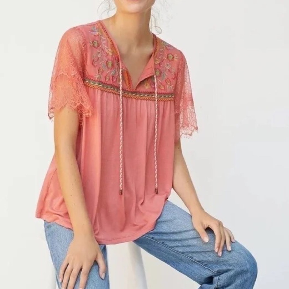 Anthropologie Bl-nk Inesa Pink Lace Embroidered Top Peasant Blouse Size Medium